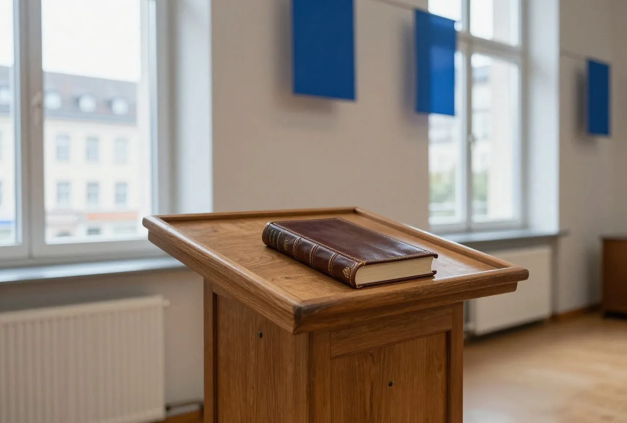 Ein Holzpult in einer stillen Halle mit einem geschlossenen ledergebundenen Band im weichen Fensterlicht