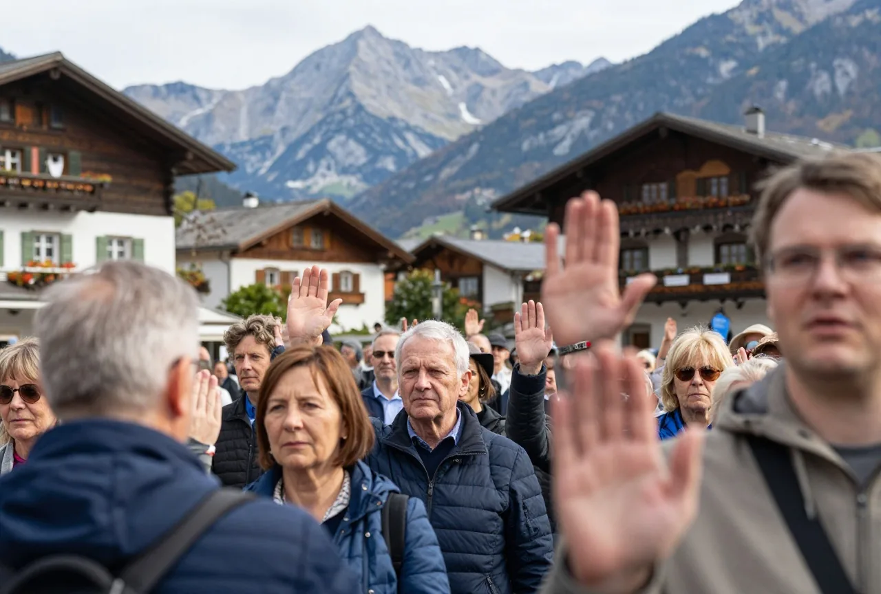 Erwachsene verschiedenen Alters heben auf einem sonnigen Dorfplatz in den Alpen die Hände zur Abstimmung