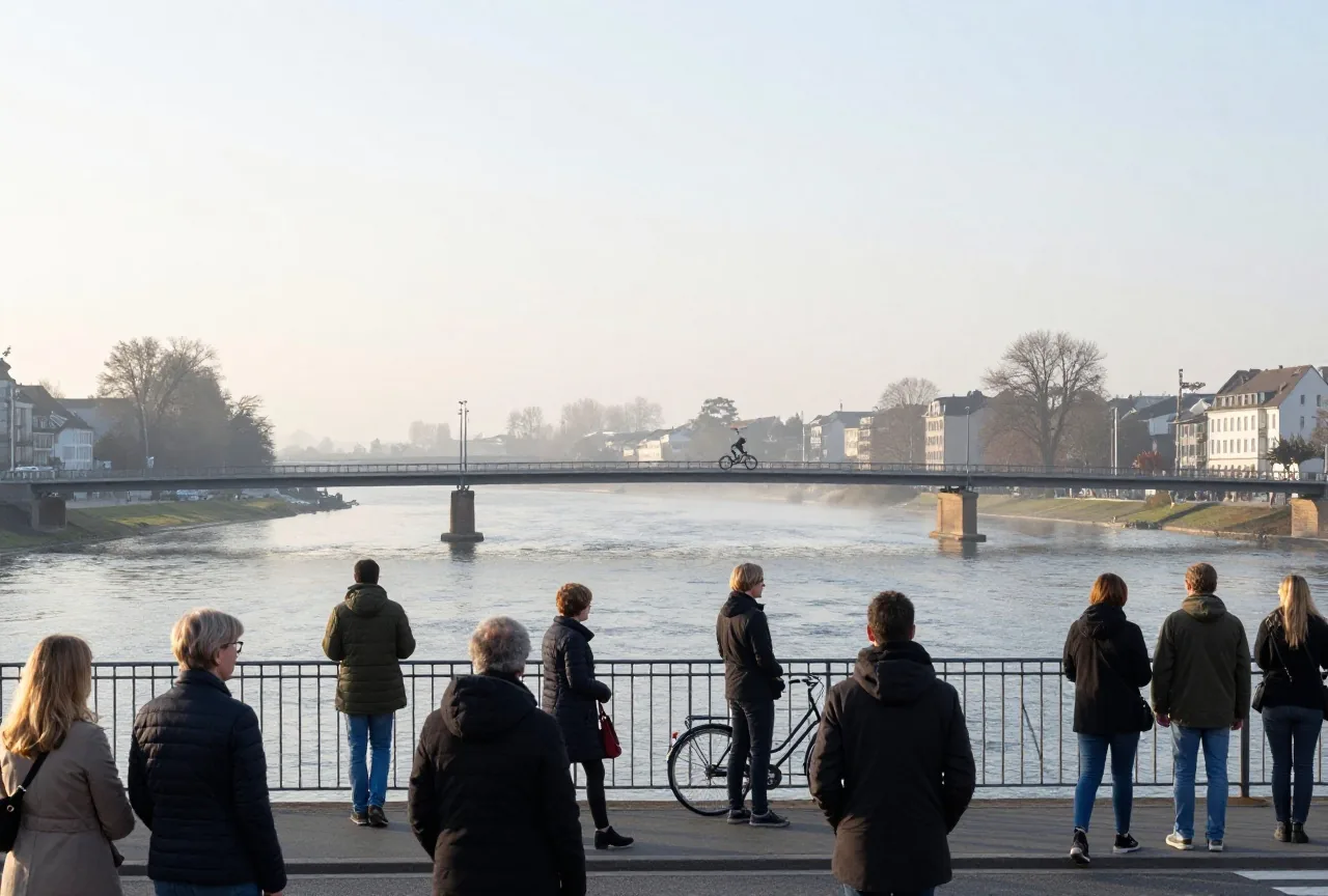 Eine weite Flusslandschaft im Morgengrauen mit einer langen Brücke zwischen zwei Ufern, ein Radfahrer überquert sie