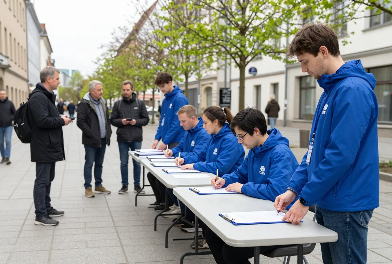 Freiwillige sammeln an einem Klapptisch in einer Fußgängerzone Unterschriften, Passanten bleiben stehen