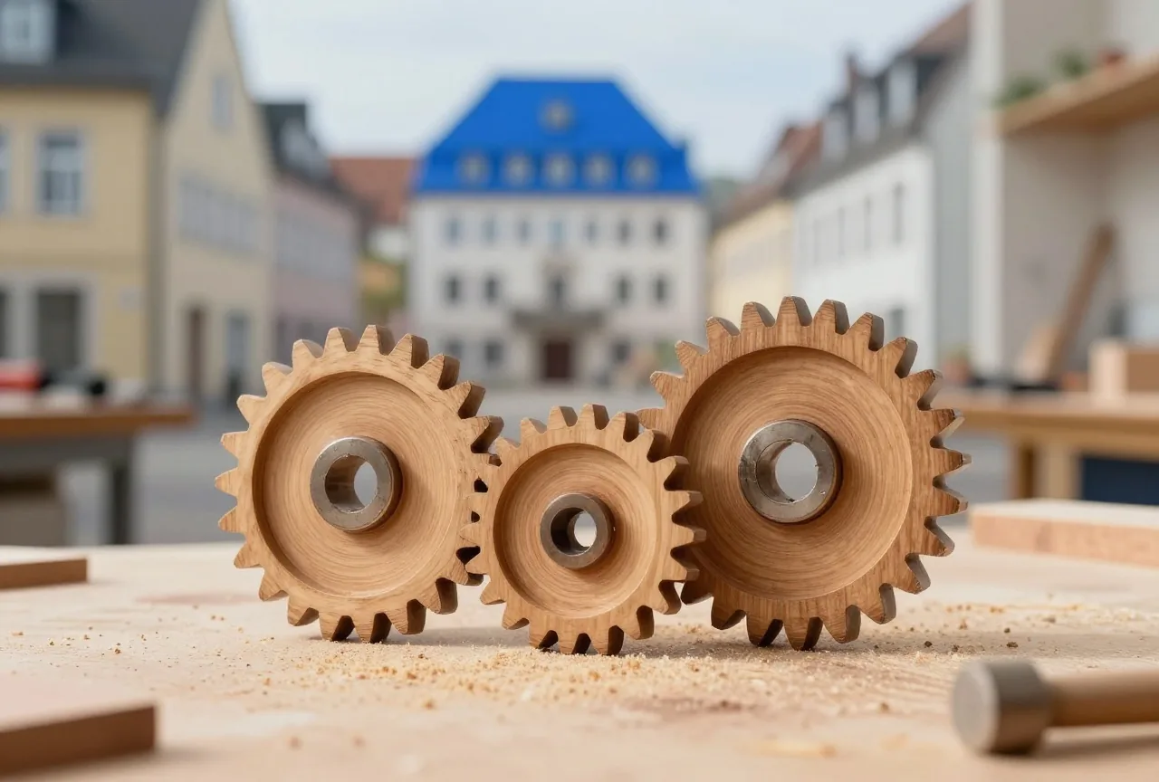 Drei ineinandergreifende Zahnräder aus Holz auf einer Werkbank in einer Tischlerwerkstatt