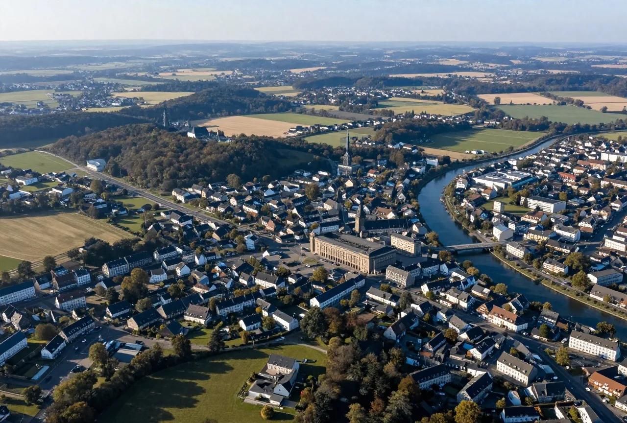 Luftbild einer deutschen Landschaft mit Feldern, einem Fluss und mehreren kleinen Orten zwischen Wäldern