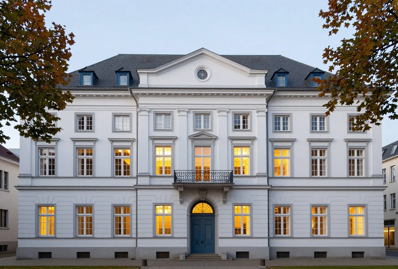 Die helle Fassade eines großen Museumsbaus aus dem 19. Jahrhundert in der Abenddämmerung, Bäume im Herbstlaub