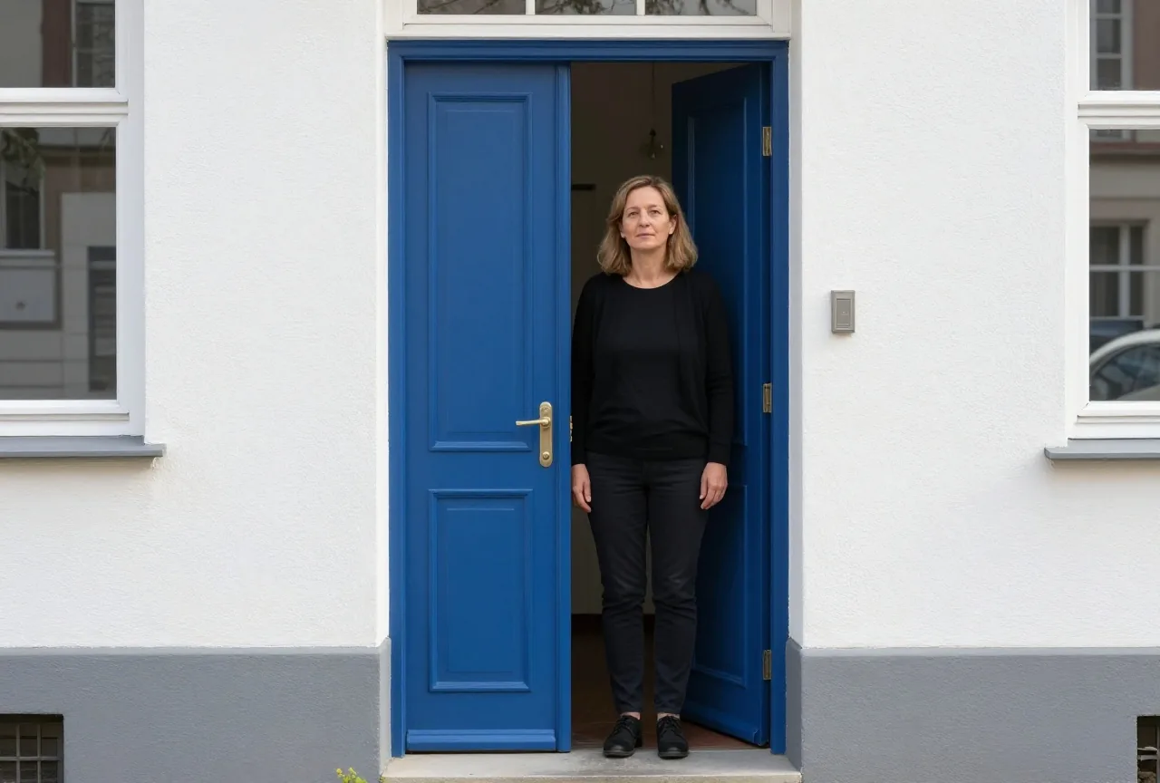 Eine Frau um die vierzig steht ruhig an der offenen Haustür eines Stadthauses im Morgenlicht