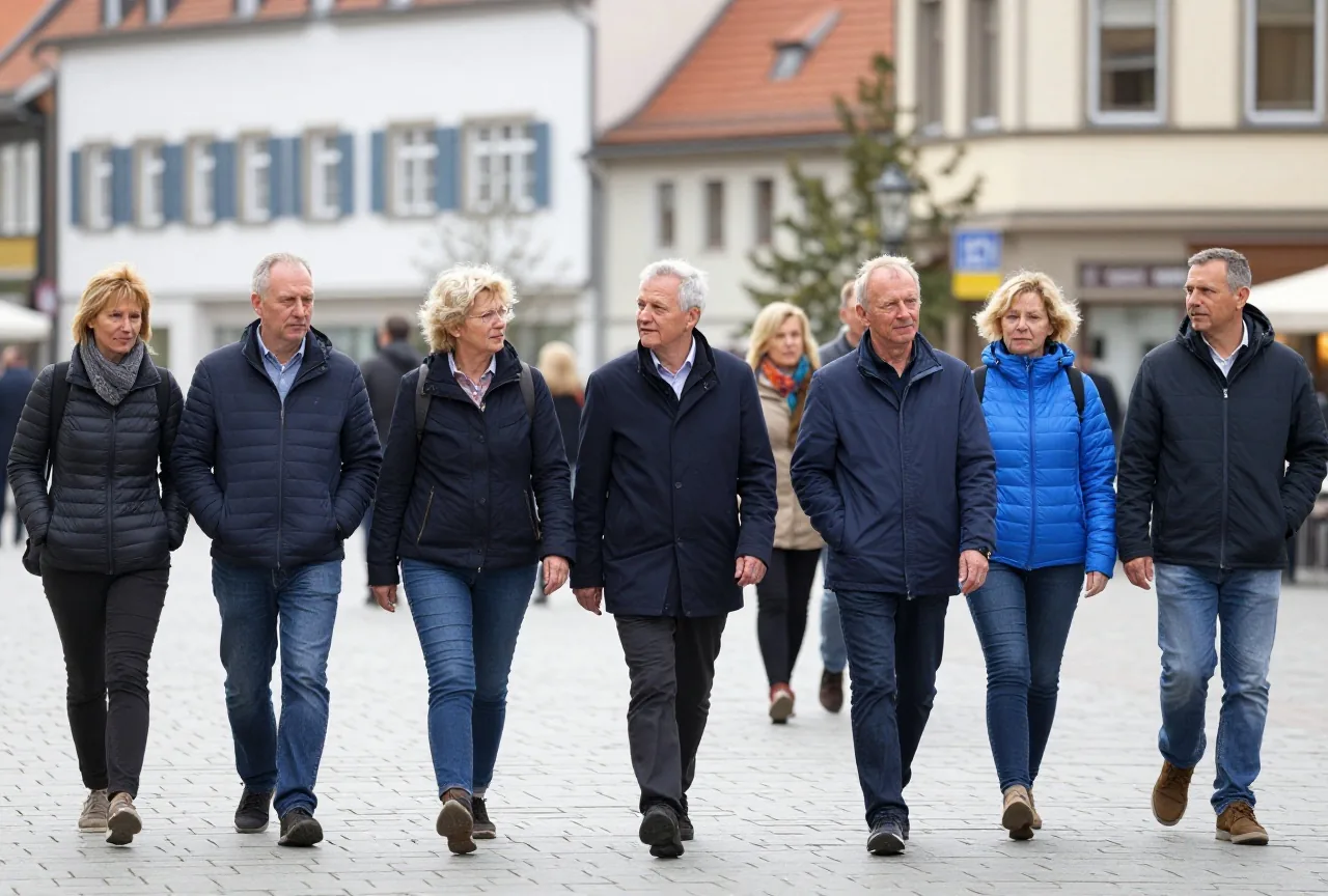 Eine Gruppe Erwachsener unterschiedlichen Alters überquert aus der Entfernung gesehen einen sonnigen Marktplatz
