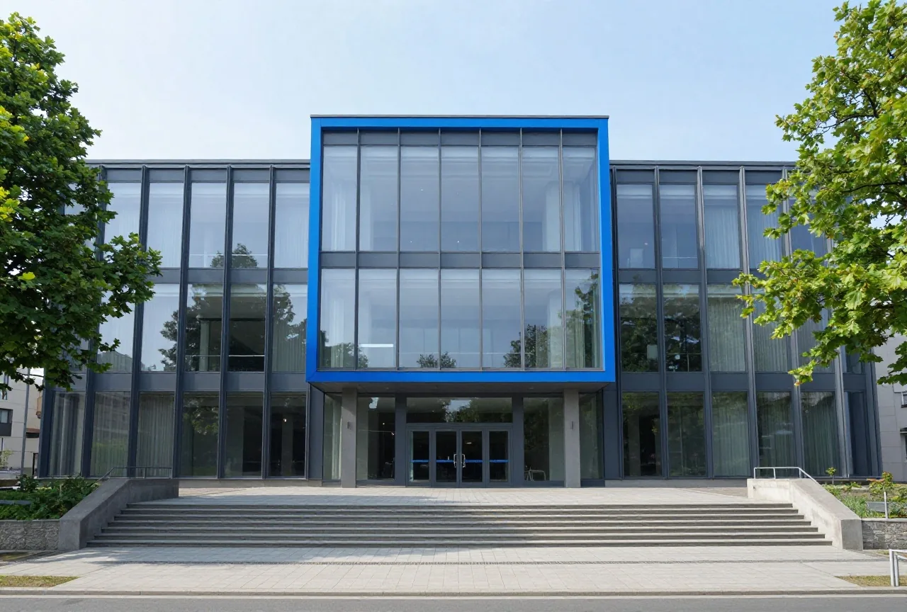 Die moderne Fassade eines Gerichtsgebäudes aus Glas und Stahl zwischen Bäumen an einem klaren Tag