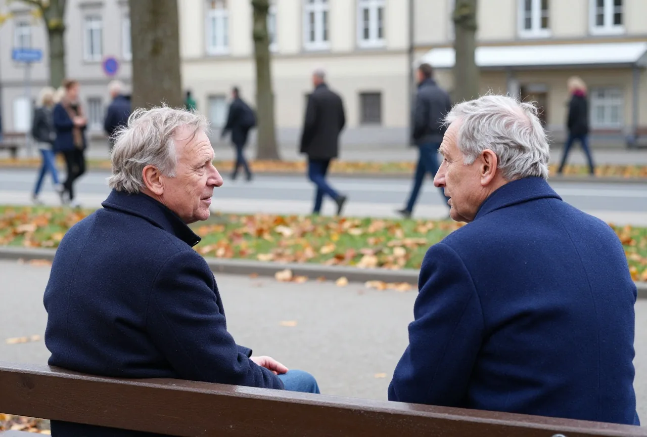 Zwei ältere Männer in Mänteln unterhalten sich lebhaft auf einer Parkbank im Herbst