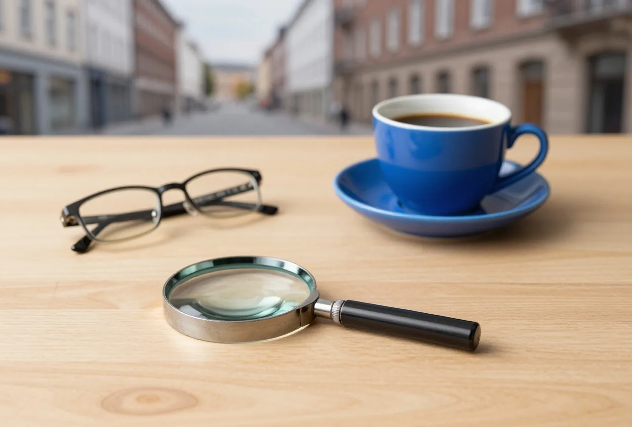 Eine Lupe auf einem schlichten Holzschreibtisch neben einer Kaffeetasse und einer Lesebrille im Lampenlicht