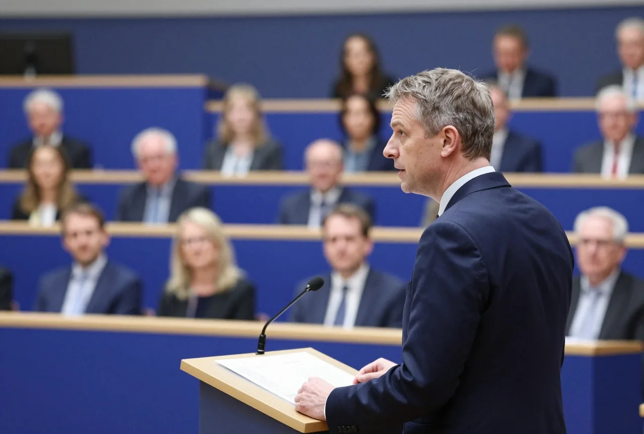 Ein Mann um die fünfzig im Anzug spricht von der Seite gesehen an einem Rednerpult im Plenarsaal