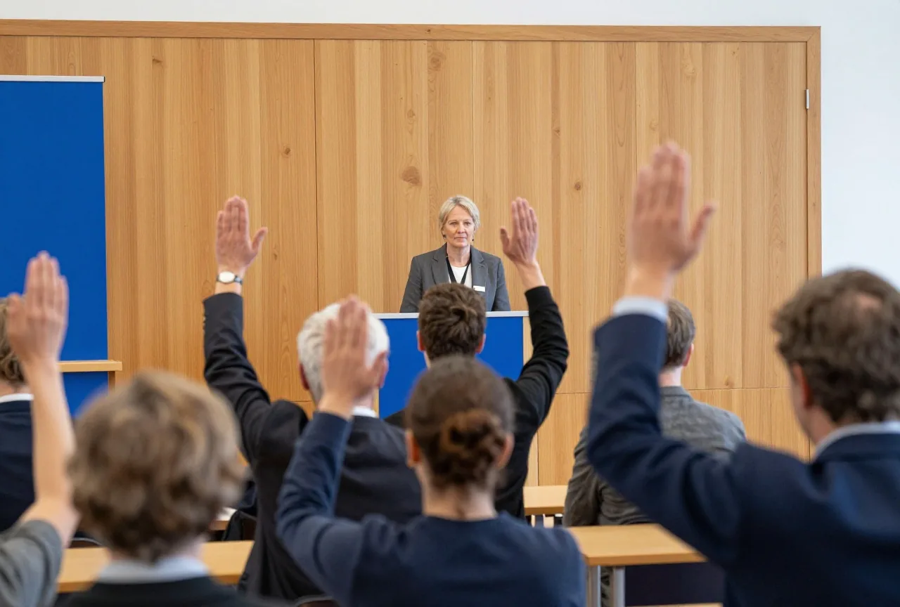 Mehrere Menschen heben bei einer kleinen Versammlung in einem holzgetäfelten Raum die Hand, von hinten gesehen