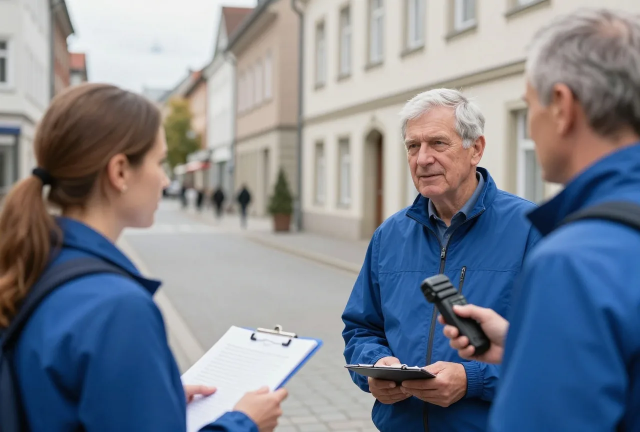 Eine Reporterin um die dreißig mit Notizblock befragt draußen auf einer ruhigen Straße einen älteren Mann