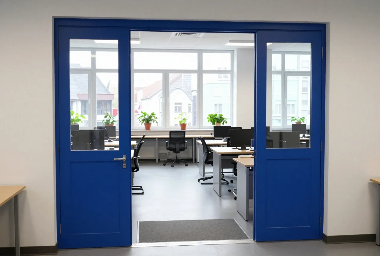 Eine offene Bürotür gibt den Blick frei auf einen hellen Redaktionsraum mit leeren Schreibtischen am Morgen