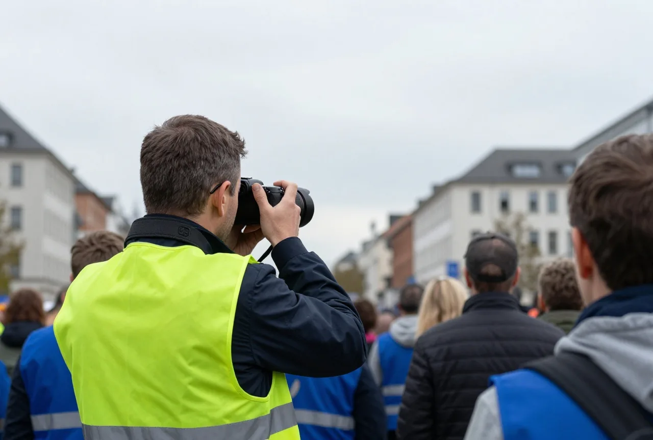Ein Fotograf in Warnweste mit Kamera am Rand einer Menschenmenge bei einer Demonstration, von hinten gesehen