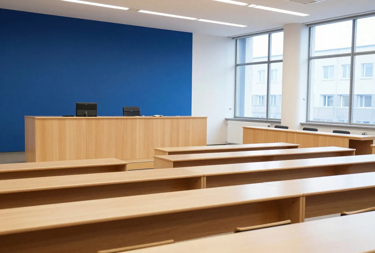 Ein leerer moderner Gerichtssaal mit hellen Holzbänken, erhöhtem Richtertisch und großen Fenstern im Tageslicht