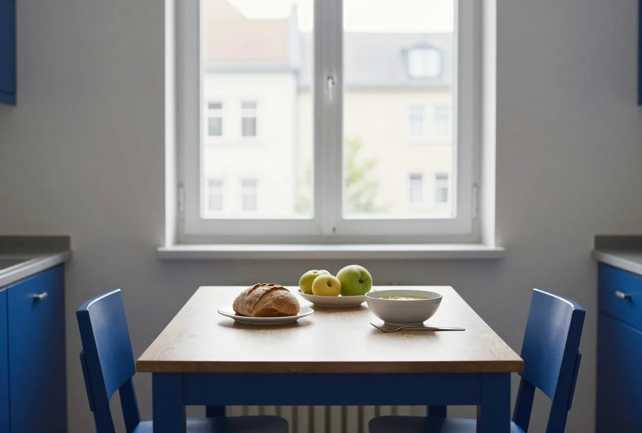 Eine kleine Küche mit gedecktem Tisch, Brot, Obst und einer Schale Suppe im Tageslicht