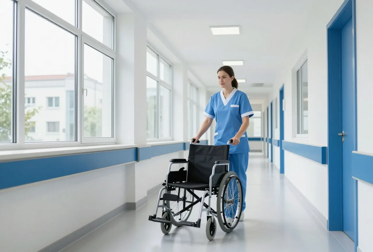 Ein heller Krankenhausflur, eine Pflegekraft schiebt einen leeren Rollstuhl an großen Fenstern vorbei