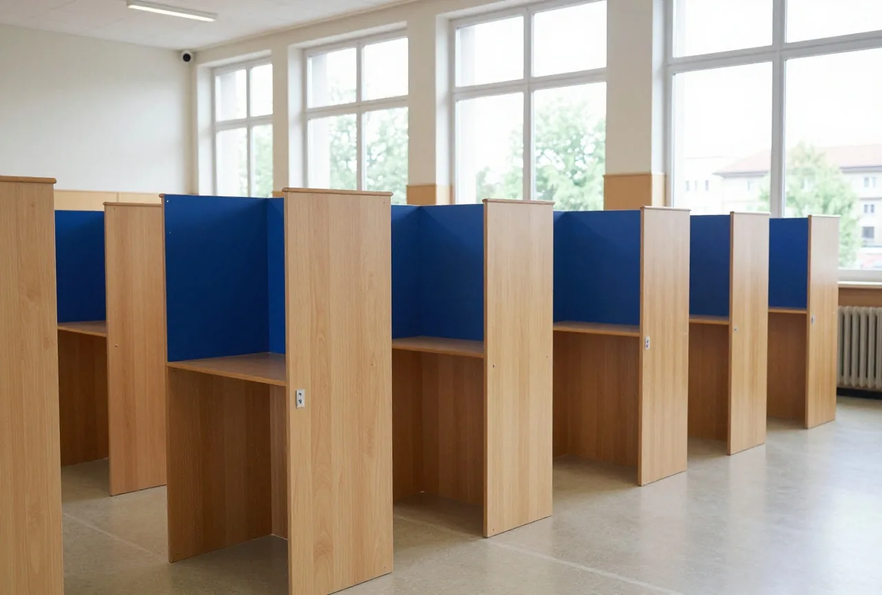 Ein leeres Wahllokal in einer Turnhalle mit hölzernen Wahlkabinen in einer Reihe im Morgenlicht