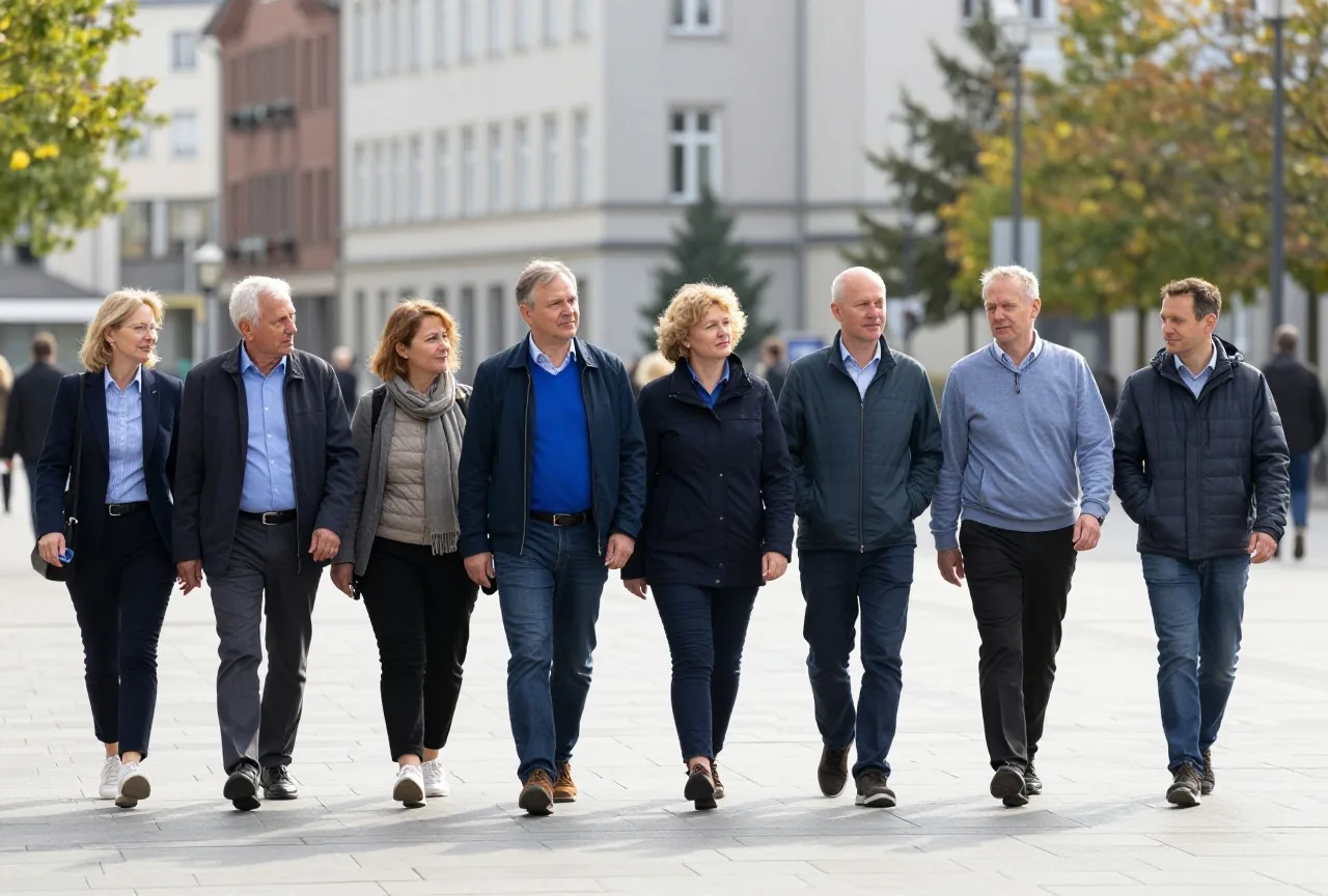 Eine Gruppe Erwachsener verschiedenen Alters geht gemeinsam über einen weiten Stadtplatz in der Sonne