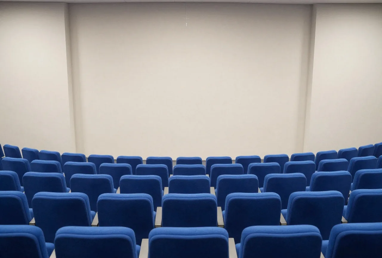 Ein moderner Plenarsaal mit leeren blauen Sitzen im Halbkreis, von der hintersten Reihe aus gesehen