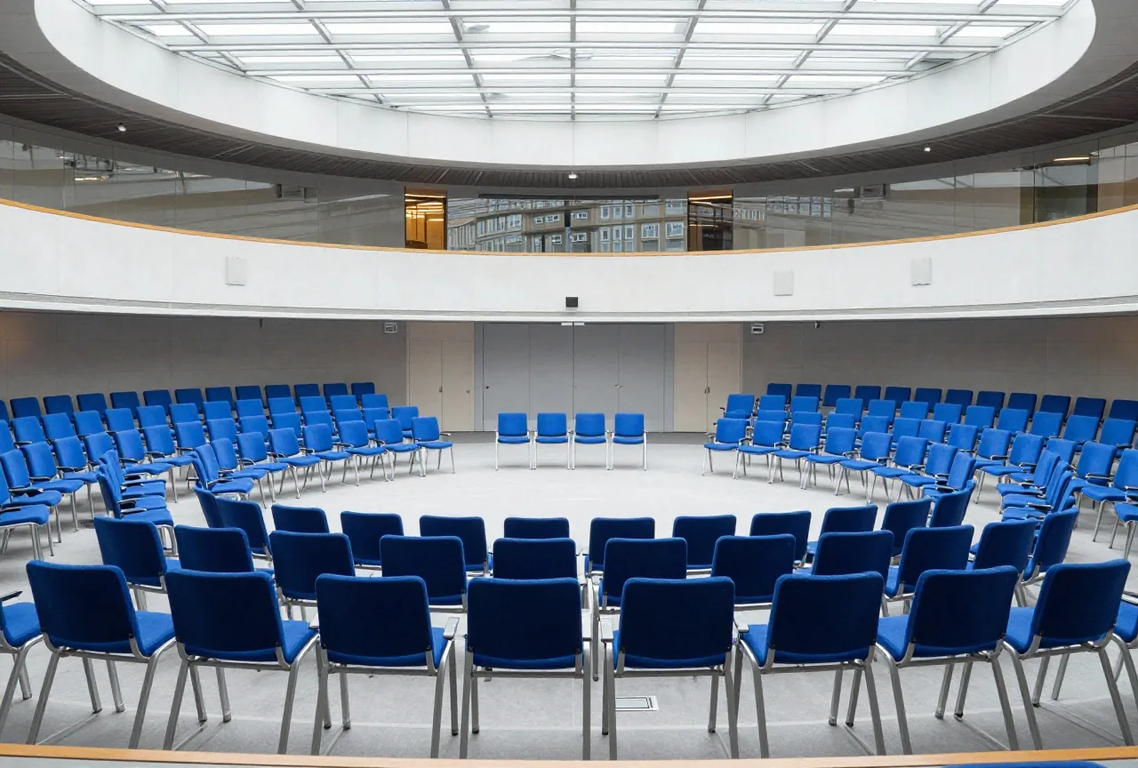 Ein großer Plenarsaal mit leeren blauen Stühlen im Halbrund unter einem hellen Glasdach