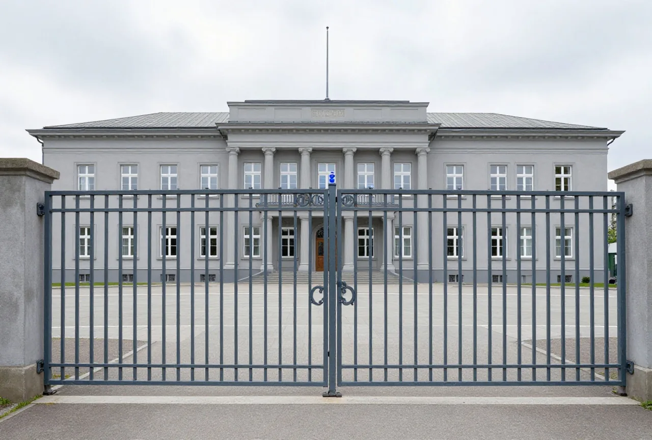 Ein geschlossenes schmiedeeisernes Tor vor einem grauen Amtsgebäude an einem leeren Platz unter bewölktem Himmel