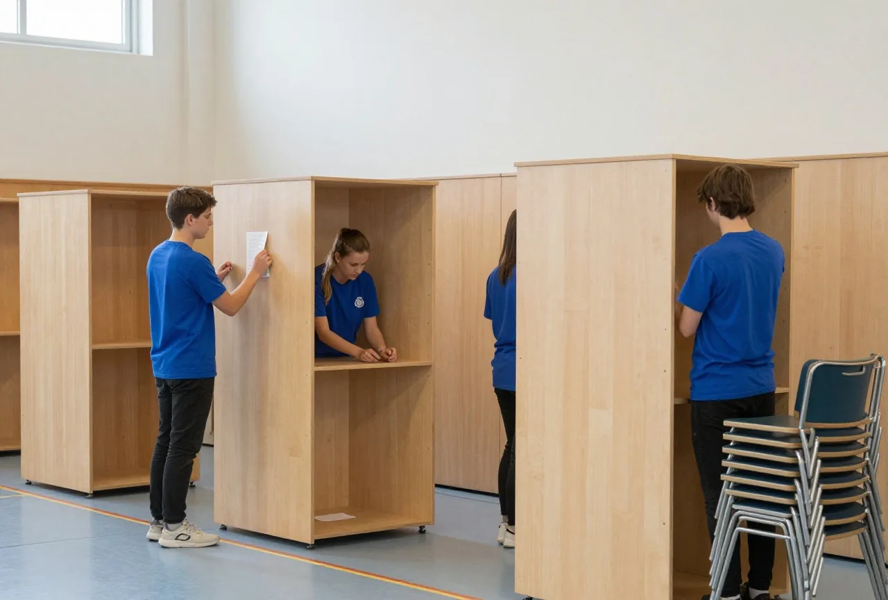 Freiwillige bauen frühmorgens hölzerne Wahlkabinen in einer Turnhalle auf, an der Seite gestapelte Stühle