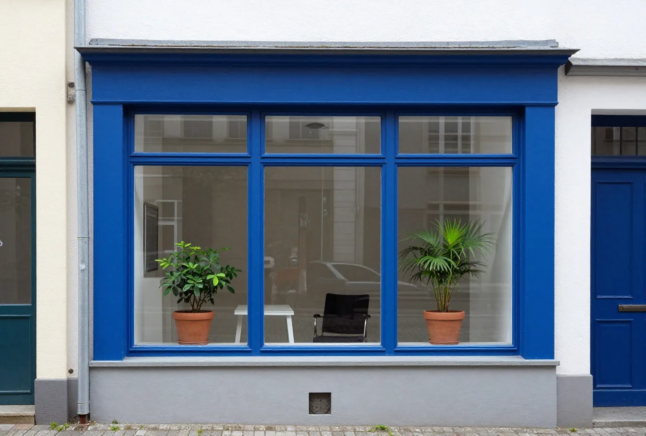 Kleines Bürgerbüro im Erdgeschoss eines Stadthauses von der Straße aus gesehen, großes Fenster, Pflanzen und ein leerer Stuhl