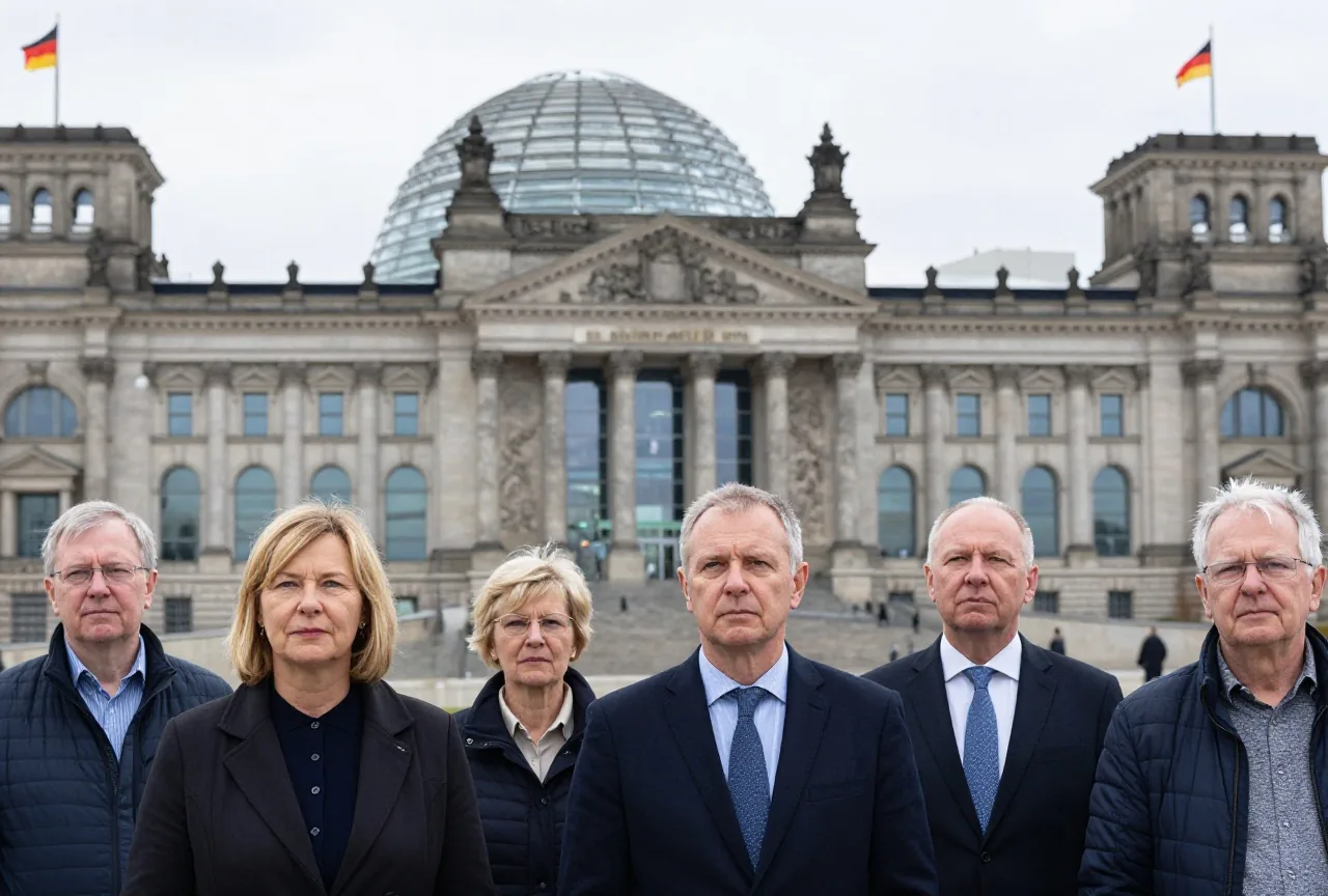 Mehrere Erwachsene unterschiedlichen Alters stehen auf einem Platz vor einem großen Parlamentsgebäude mit gläserner Kuppel