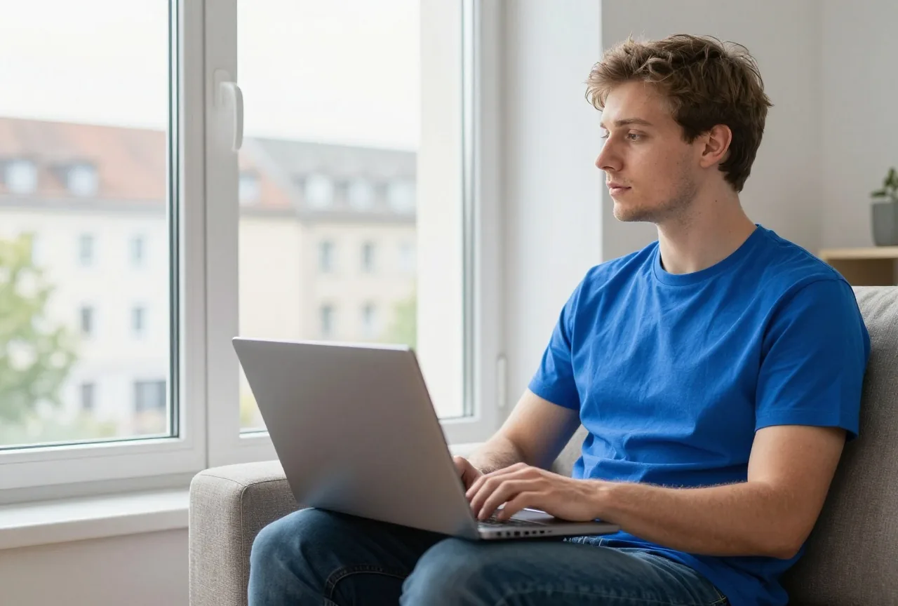 Ein junger Mann sitzt auf einem Sofa im hellen Wohnzimmer, einen zugeklappten Laptop auf den Knien