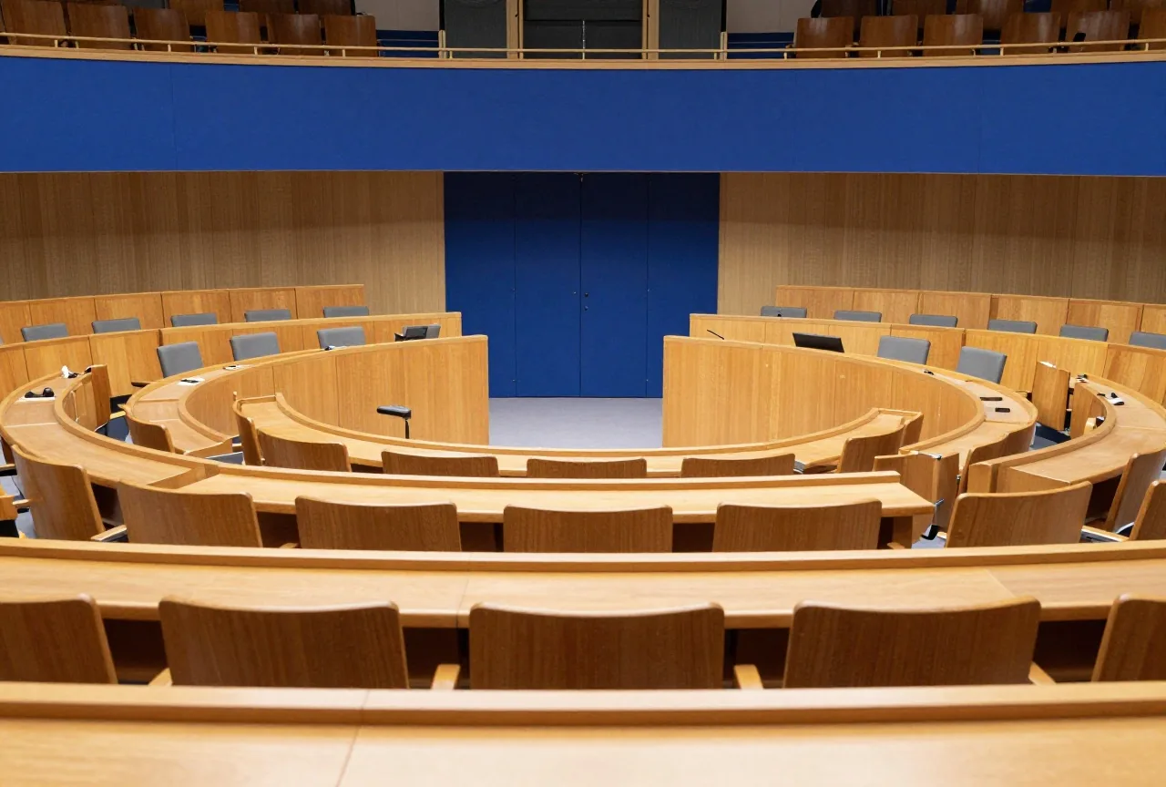 Plenarsaal eines Landesparlaments mit leeren Holzsitzen im Halbkreis bei warmem Nachmittagslicht