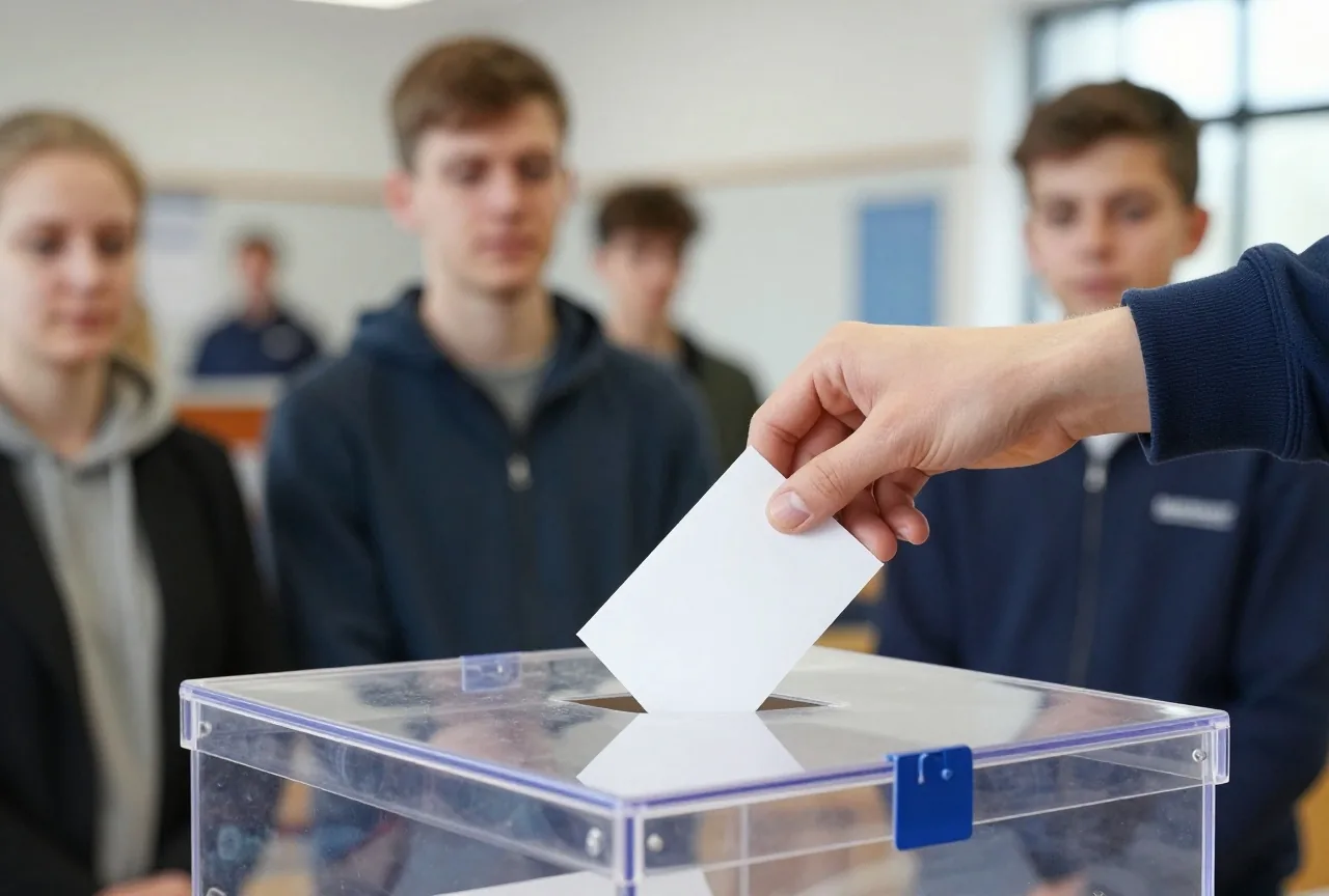 Eine Hand wirft einen gefalteten Stimmzettel in eine durchsichtige Wahlurne in einer Turnhalle
