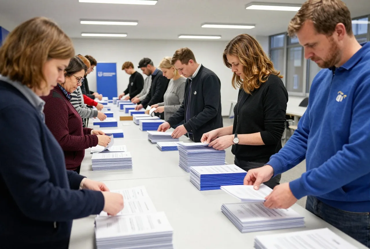 Wahlhelfende sortieren abends gefaltete Stimmzettel in Stapel auf einem langen Tisch unter hellem Deckenlicht