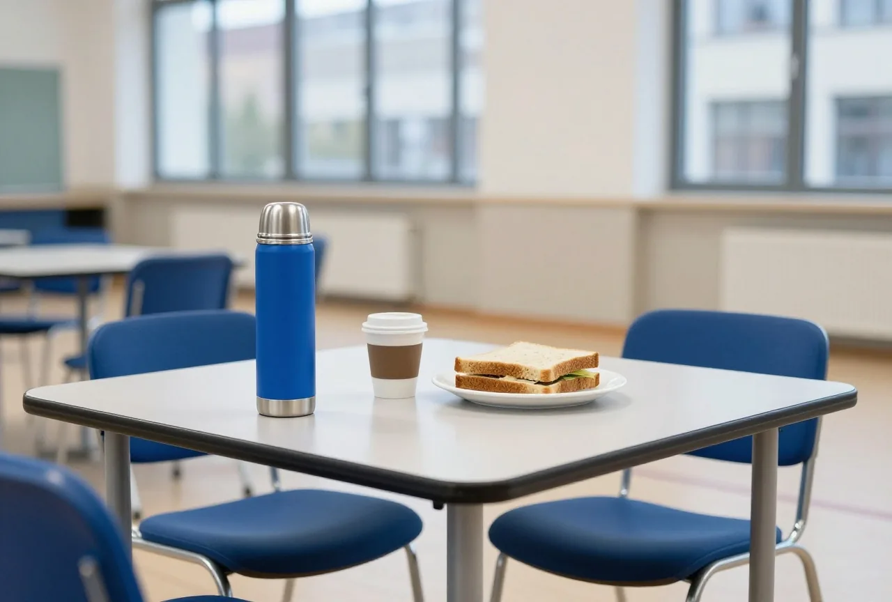 Ein schlichter Pausentisch in einer Turnhalle mit Thermoskanne, Kaffeetassen und belegten Broten