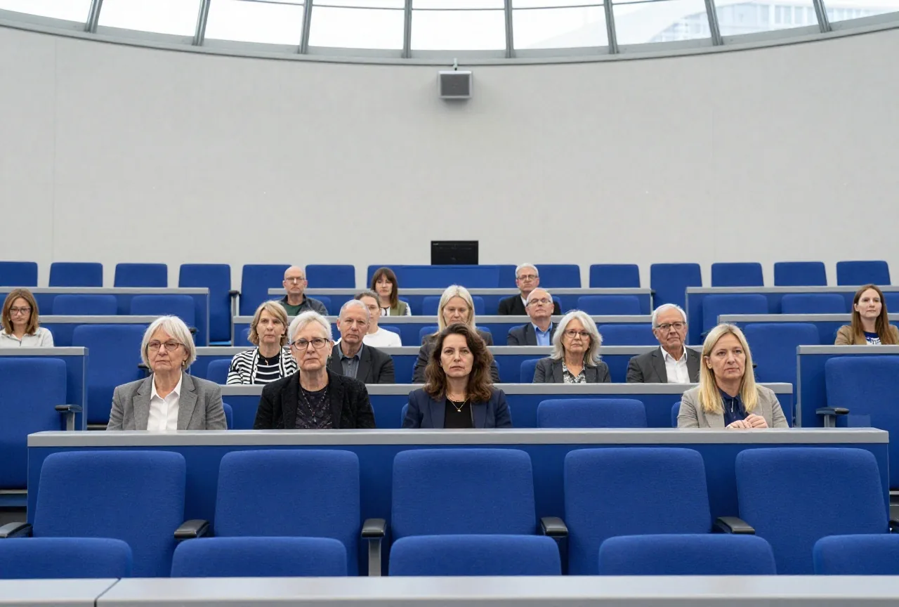 Großer leerer Plenarsaal mit blauen Stühlen im Halbrund unter einer Glaskuppel bei Tageslicht