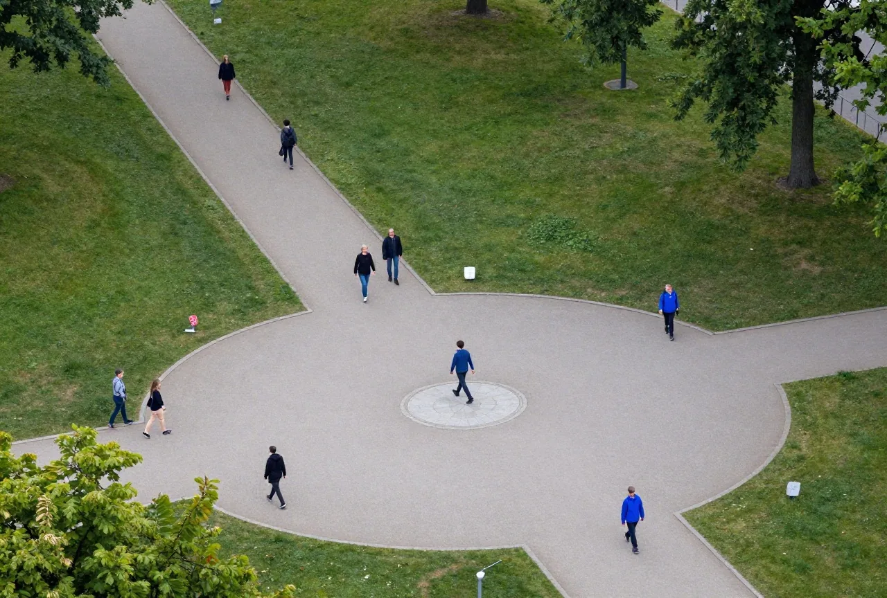 Mehrere Wege in einem grünen Park treffen sich auf einem runden Platz, Menschen gehen im Morgenlicht entlang