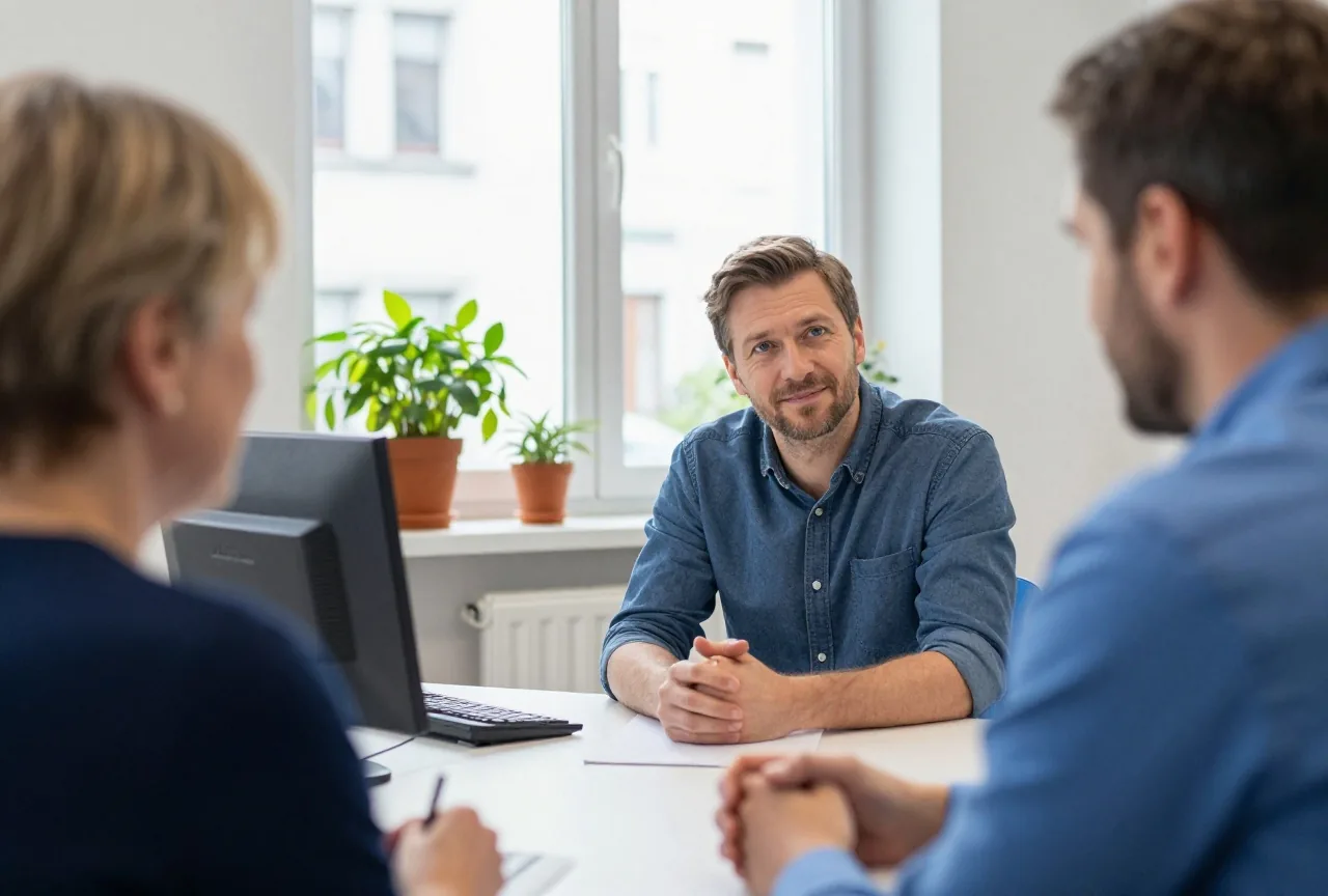 Ein Mann in den Fünfzigern spricht in einem kleinen Büro über den Schreibtisch hinweg mit einer älteren Frau