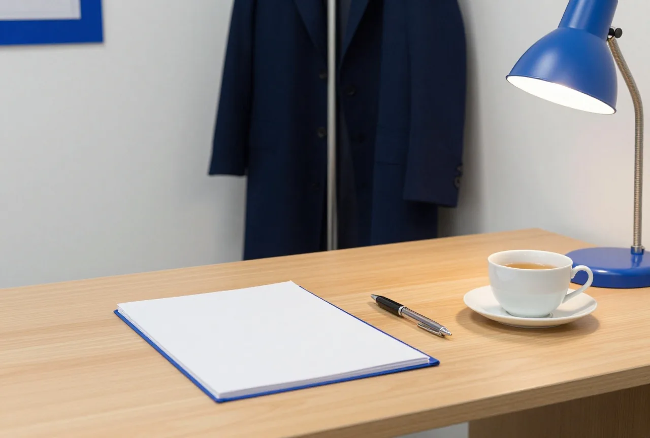 Ein aufgeräumter Holzschreibtisch mit geschlossener Mappe, Kugelschreiber und Teetasse im Abendlicht einer Lampe