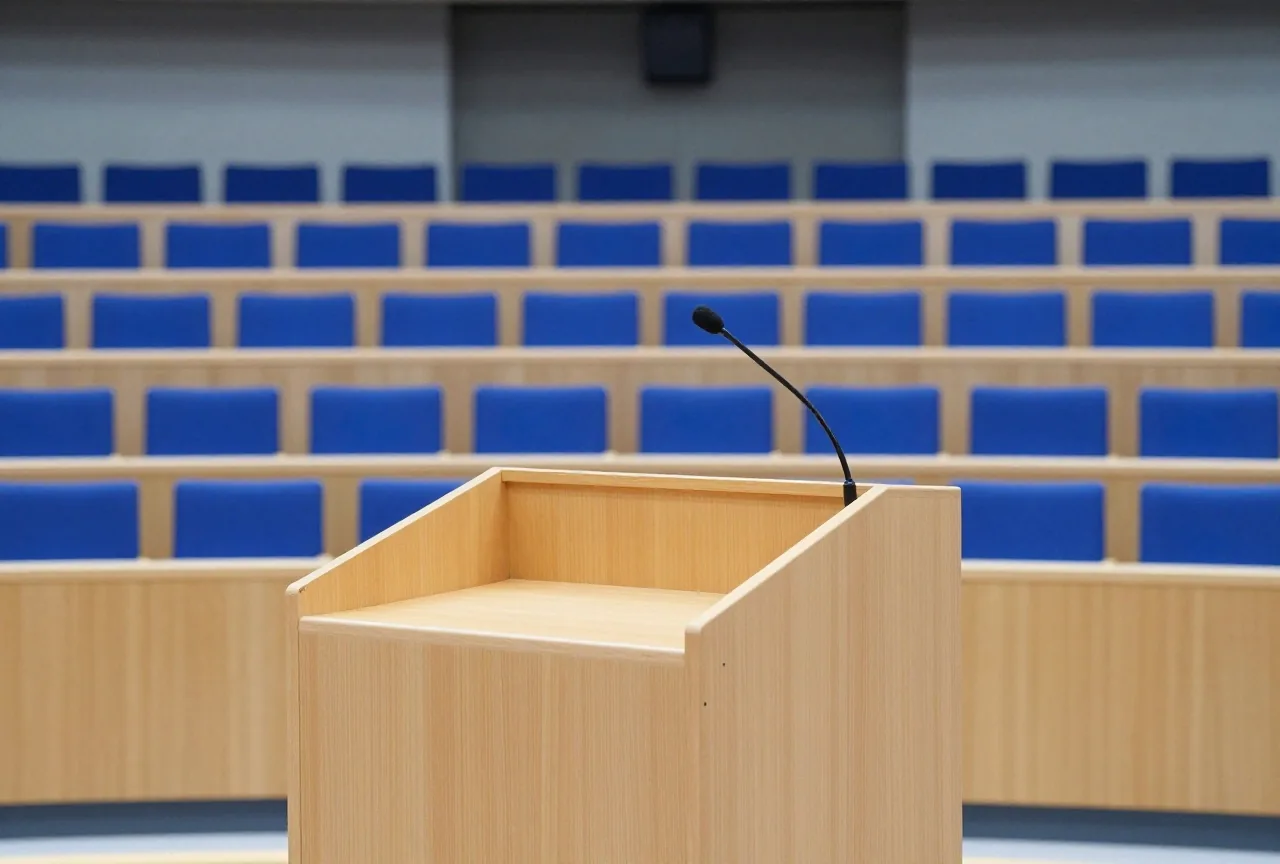 Ein leeres Rednerpult aus hellem Holz vor ansteigenden blauen Sitzreihen in einem hellen Saal