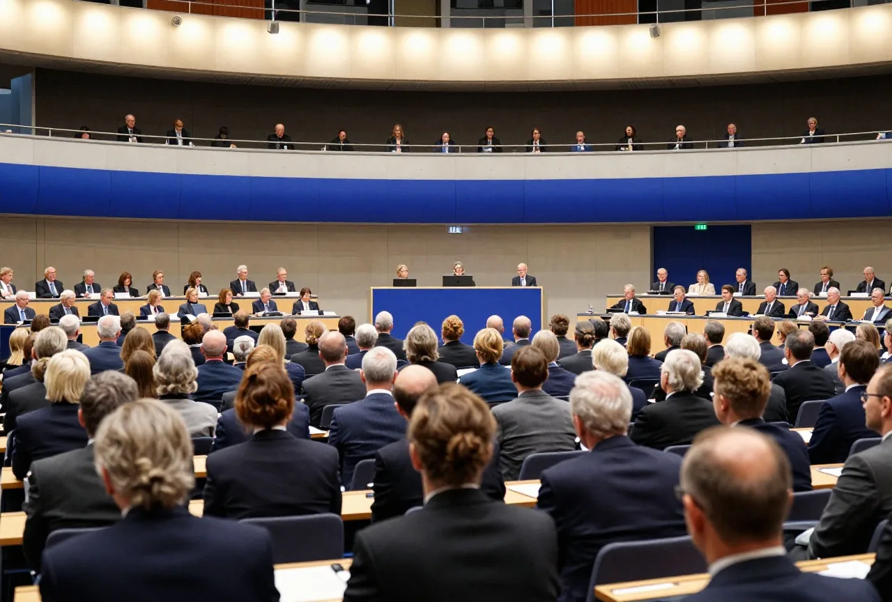 Ein großer Saal von hinten gesehen, viele Menschen in festlicher Kleidung sitzen in langen geschwungenen Reihen