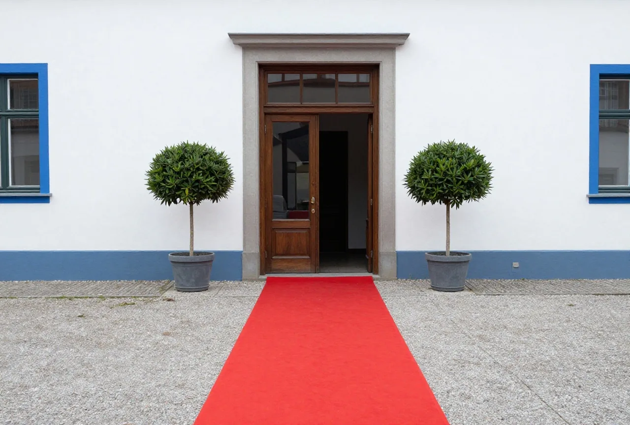 Ein roter Teppich führt über einen Kieshof zu einer offenen Holzdoppeltür, daneben zwei Lorbeerbäume in Kübeln