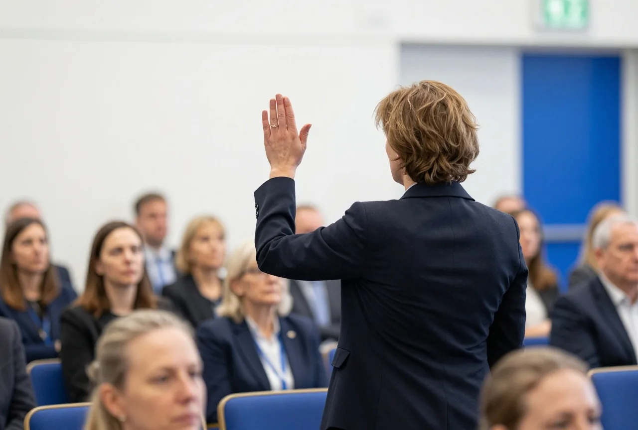 Eine Frau im dunklen Anzug hebt von hinten gesehen die rechte Hand in einem hellen Saal