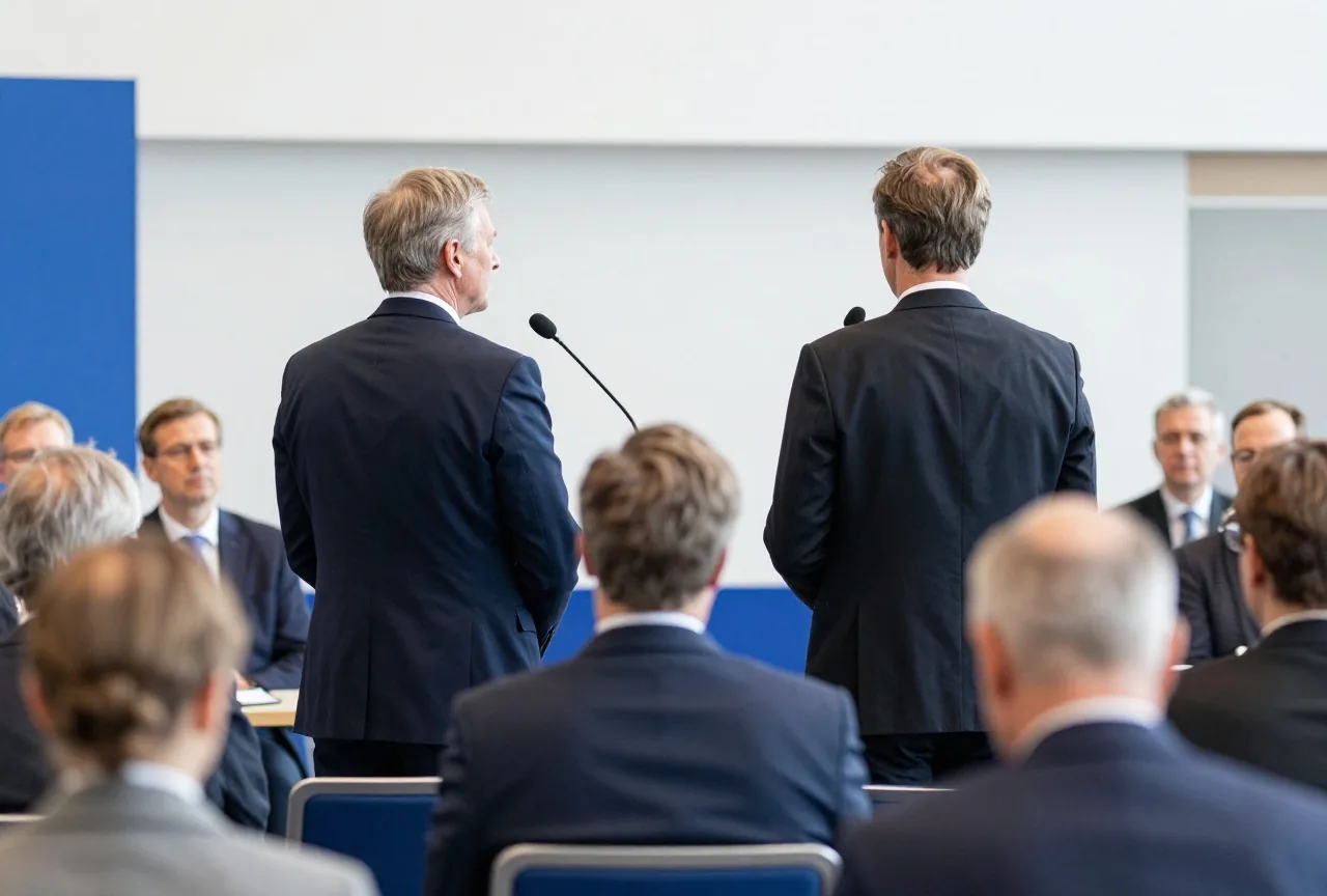 Ein Mann und eine Frau in Geschäftskleidung von hinten an zwei Mikrofonen in einem hellen Saal