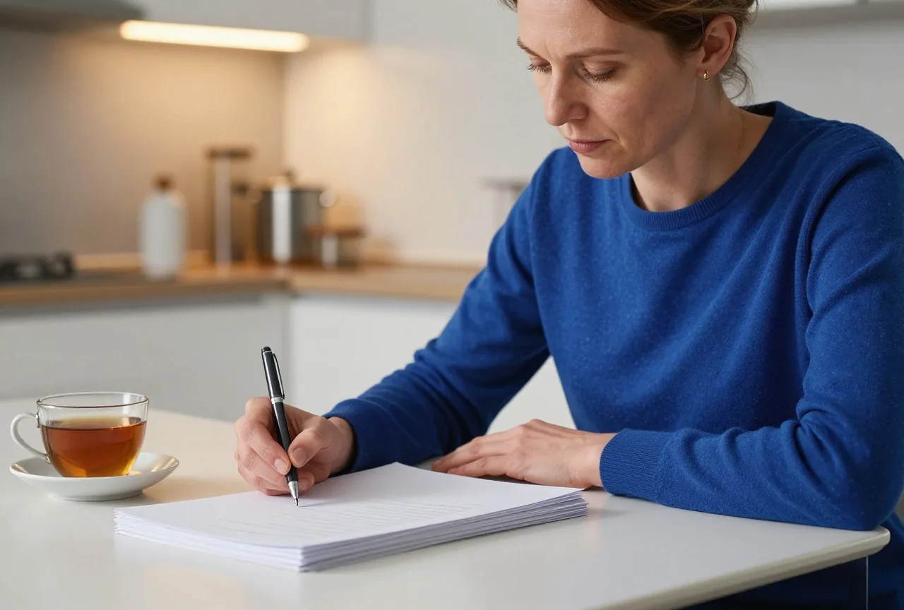 Eine Frau sitzt mit einem Stift über leeren weißen Blättern am Küchentisch, daneben eine Tasse Tee