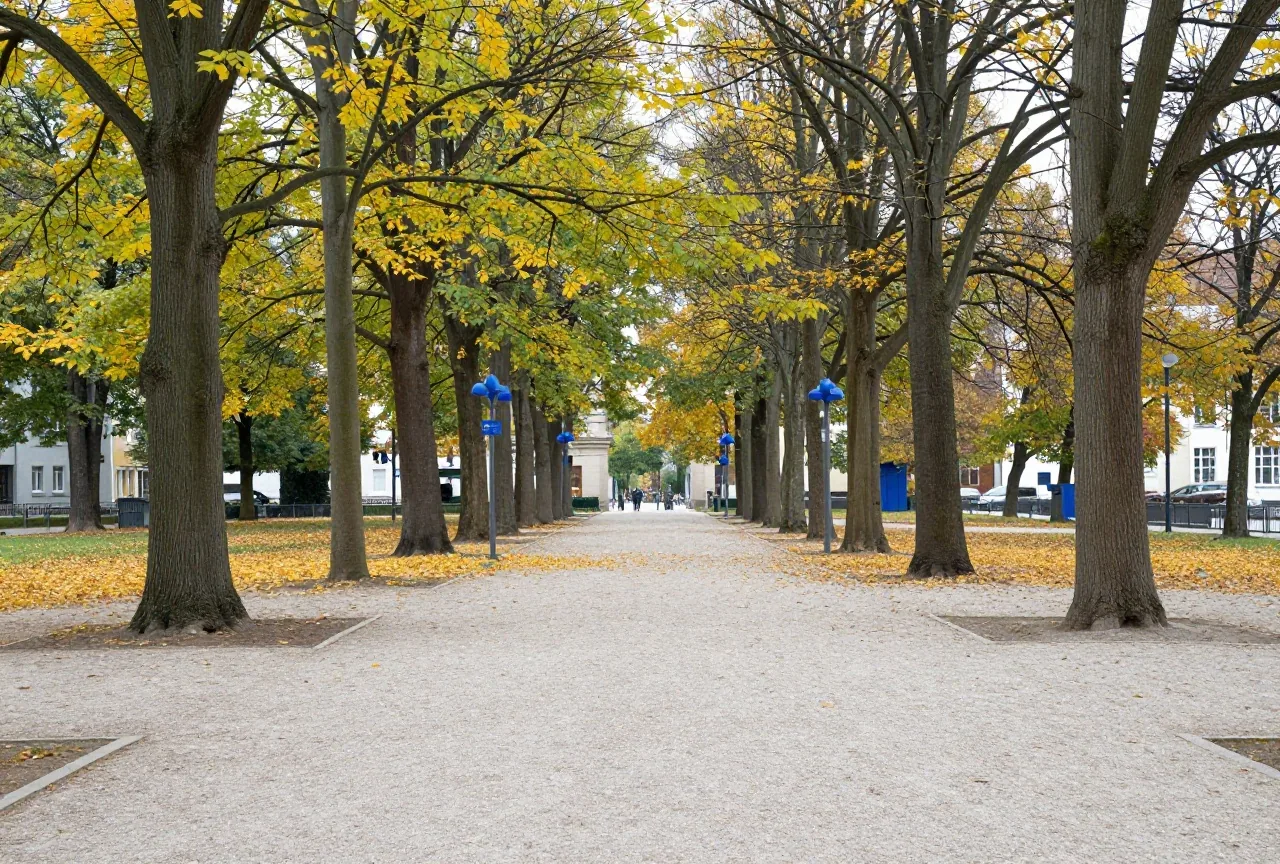 Ein ruhiger Park mit alten Platanen und einem Kiesweg voller gelber Blätter im Herbstlicht