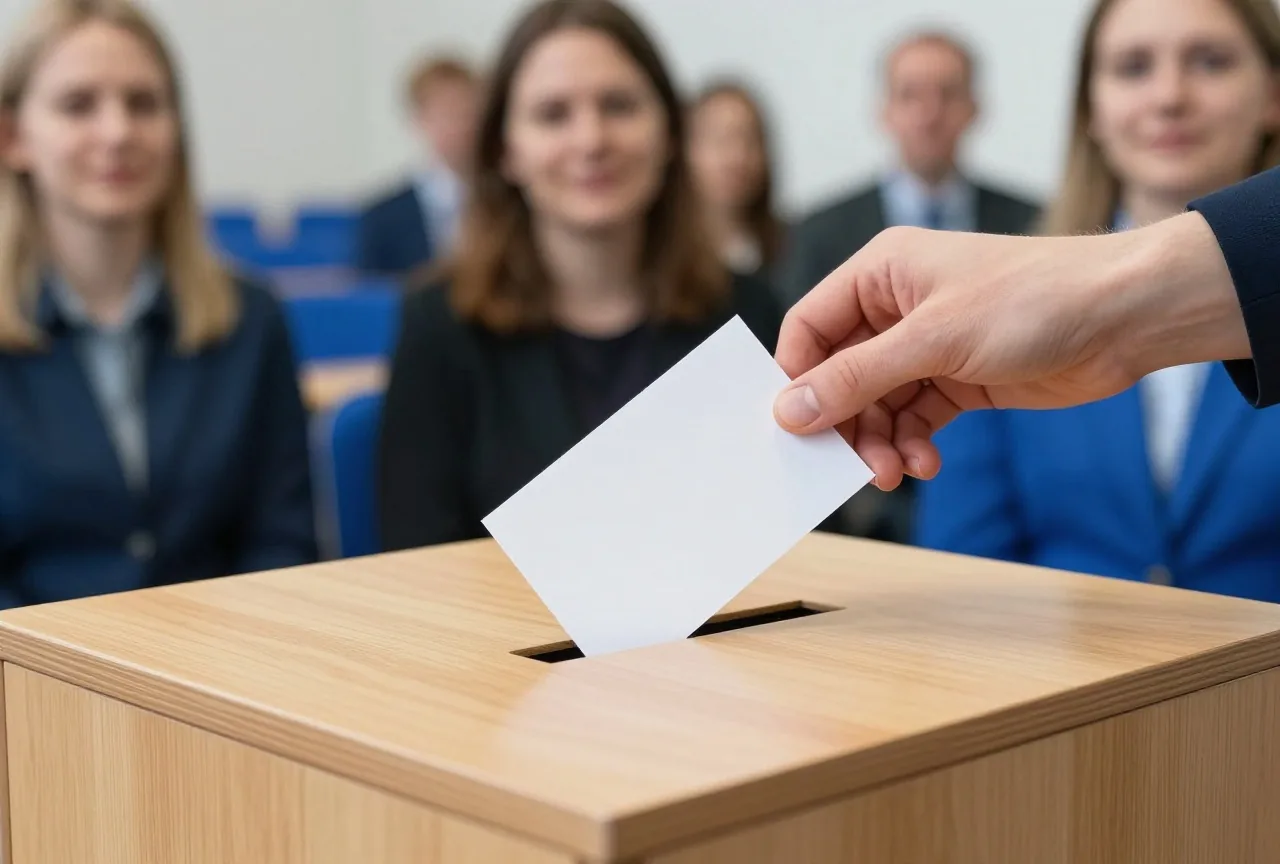 Eine Hand steckt eine gefaltete weiße Karte in eine große hölzerne Urne, dahinter unscharfe Sitzreihen