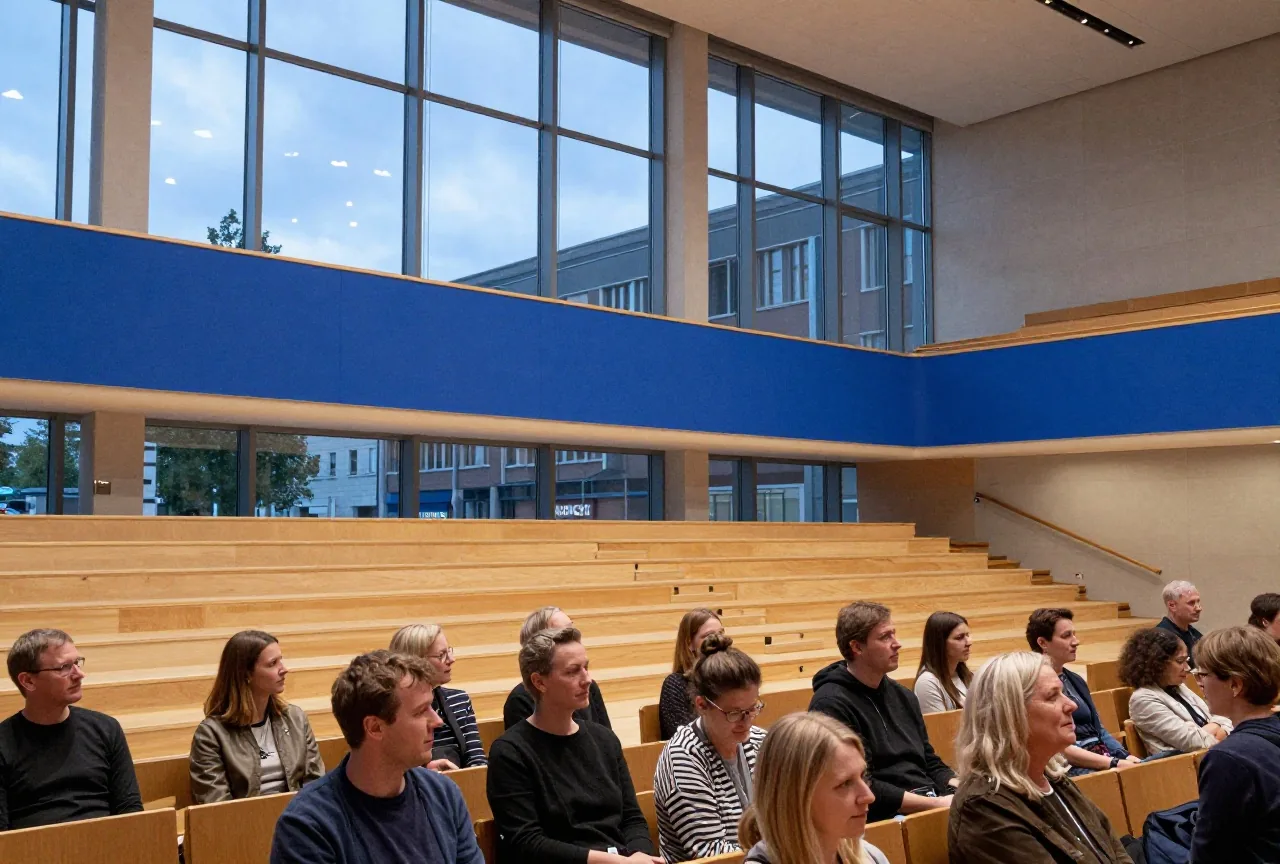 Ein leeres Foyer einer modernen Halle mit hohen Glasfenstern und breiter Treppe im Abendlicht