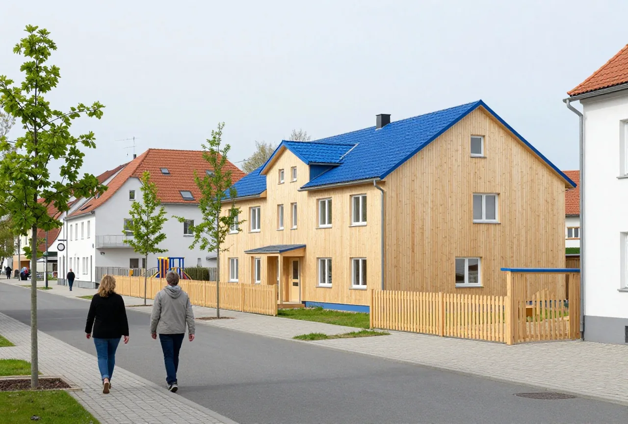 Eine ruhige Straße in einer Kleinstadt mit neuem Holzbau eines Kindergartens und jungen Bäumen