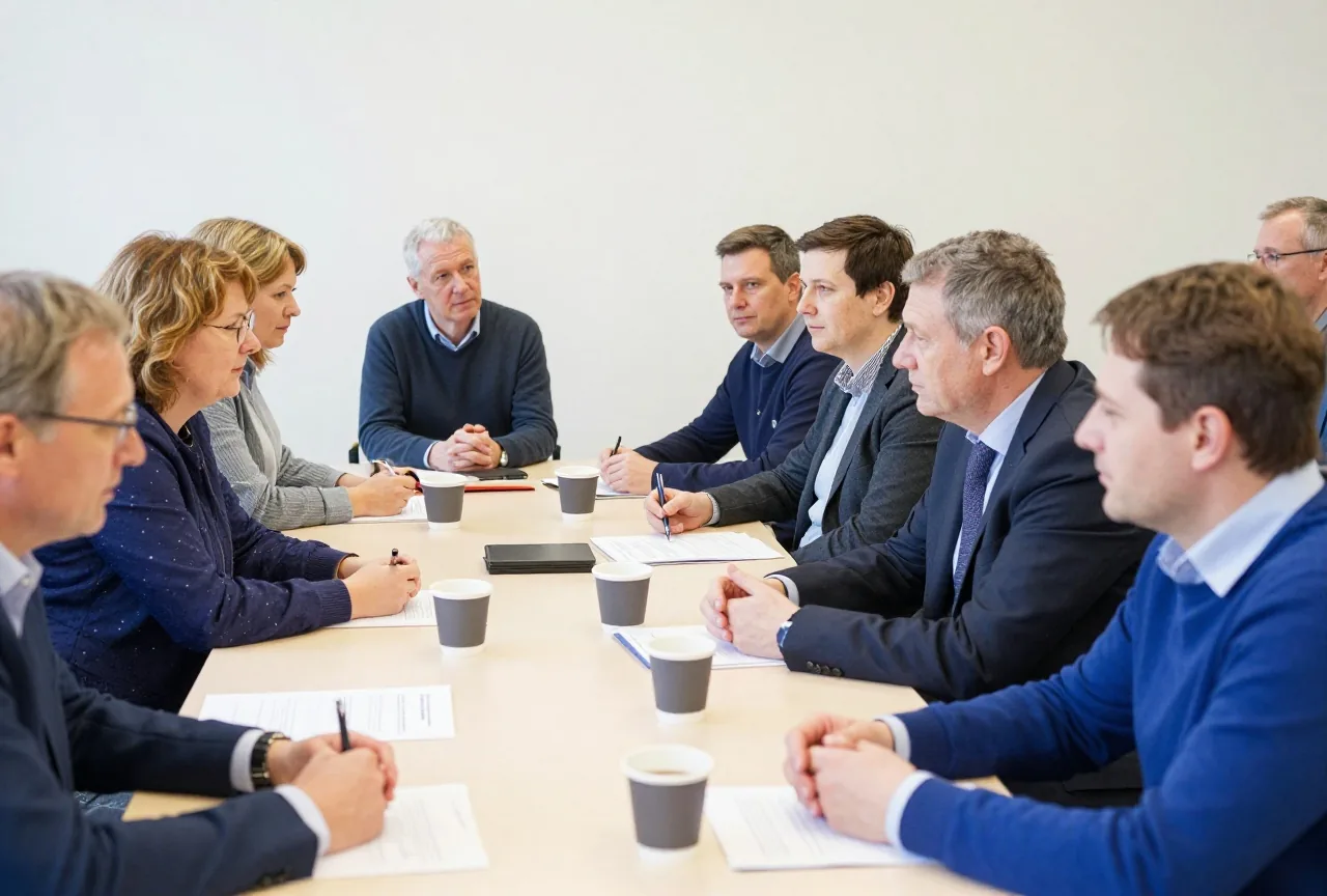 Etwa zwölf Erwachsene unterschiedlichen Alters beraten an einem langen Tisch in einem schlichten Raum