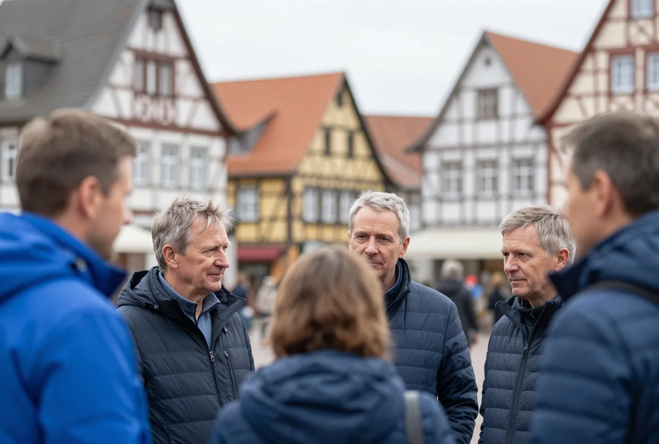 Eine kleine Gruppe Erwachsener unterhält sich auf einem Dorfplatz, dahinter unscharf Fachwerkhäuser