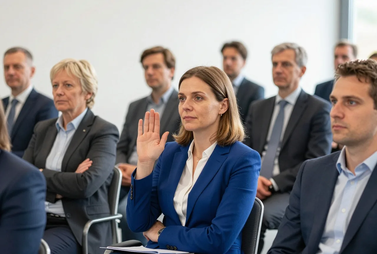 Mehrere Erwachsene in Geschäftskleidung hören in einem kleinen Sitzungsraum zu, eine Frau hebt die Hand